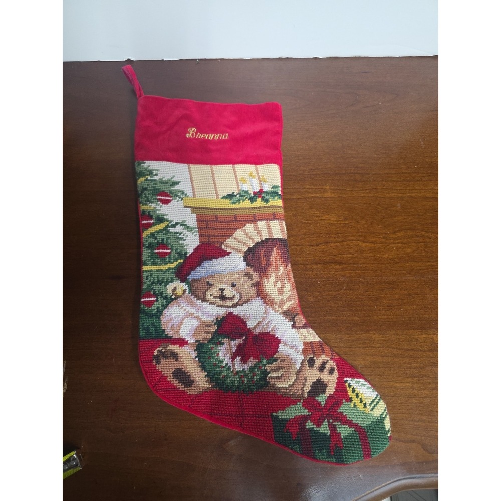 Needlepoint Christmas Stocking‎ Bear Wreath Wool Velvet Personalized Breanna